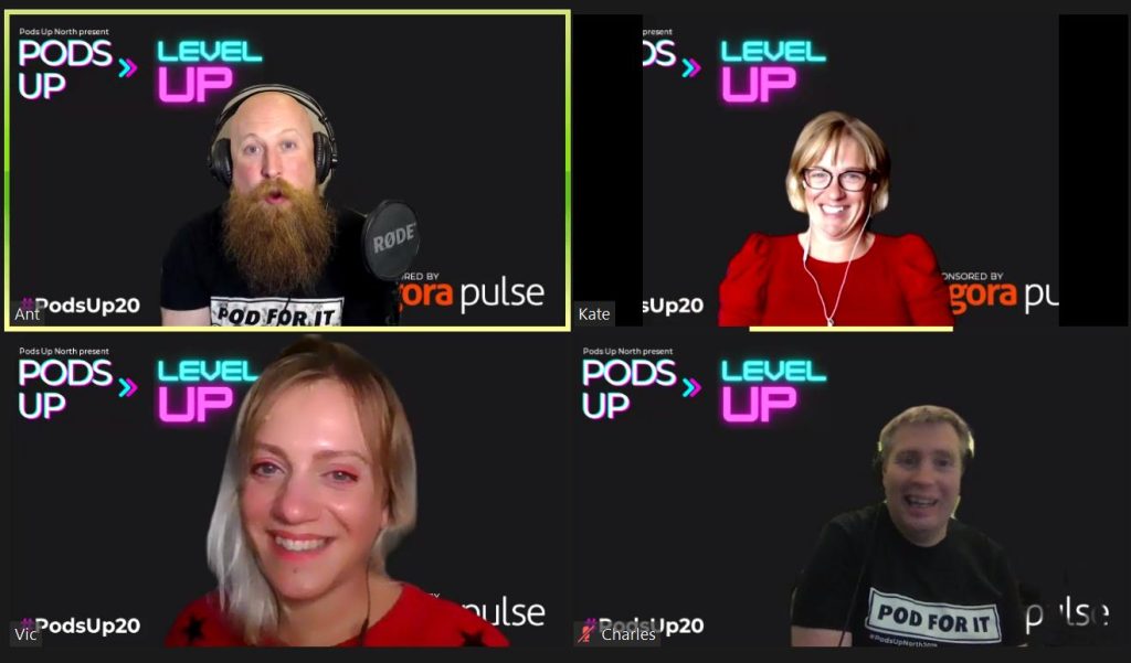 a screen grab from a video call. The screen is split into 4 sections. In each section is a different person. They all have black backgrounds