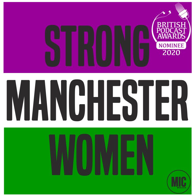 words 'strong manchester women' is in grey text and capital letters. They sit on a purple, white and green background