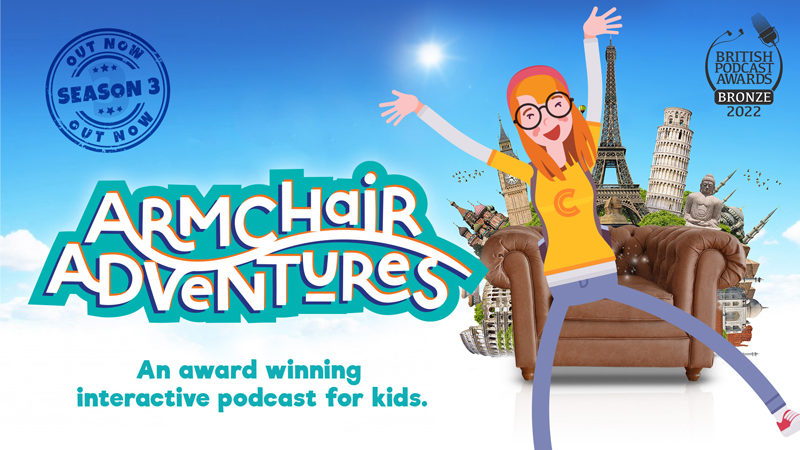 front cover of the armchair adventures podcast. Features an armchair and an animated young girl with ginger hair 