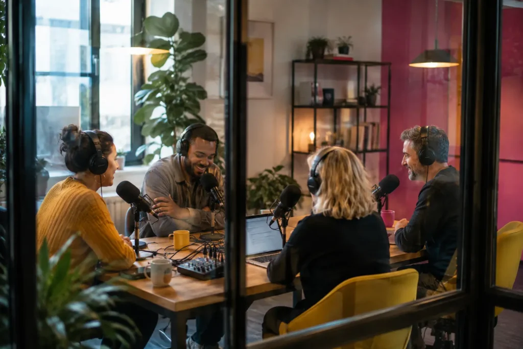 a group of people in a glass walled office recording a podcast. the point of view is from someone looking through the window