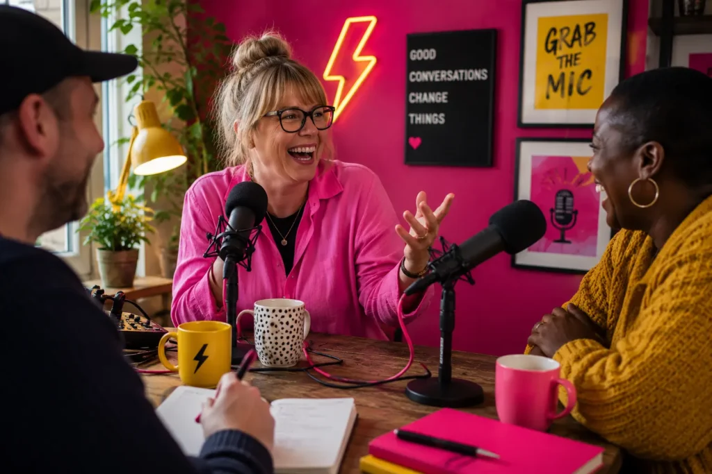 Three people having an engaging podcast conversation around microphones in a relaxed setting, showing authentic storytelling and meaningful discussion.