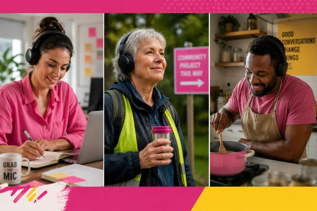 Different people listening to podcasts on headphones in everyday settings, representing a focused podcast audience and listening habits.