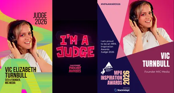 3 images of podcast award announcements featuring mic media founder vic elizabeth turnbull
