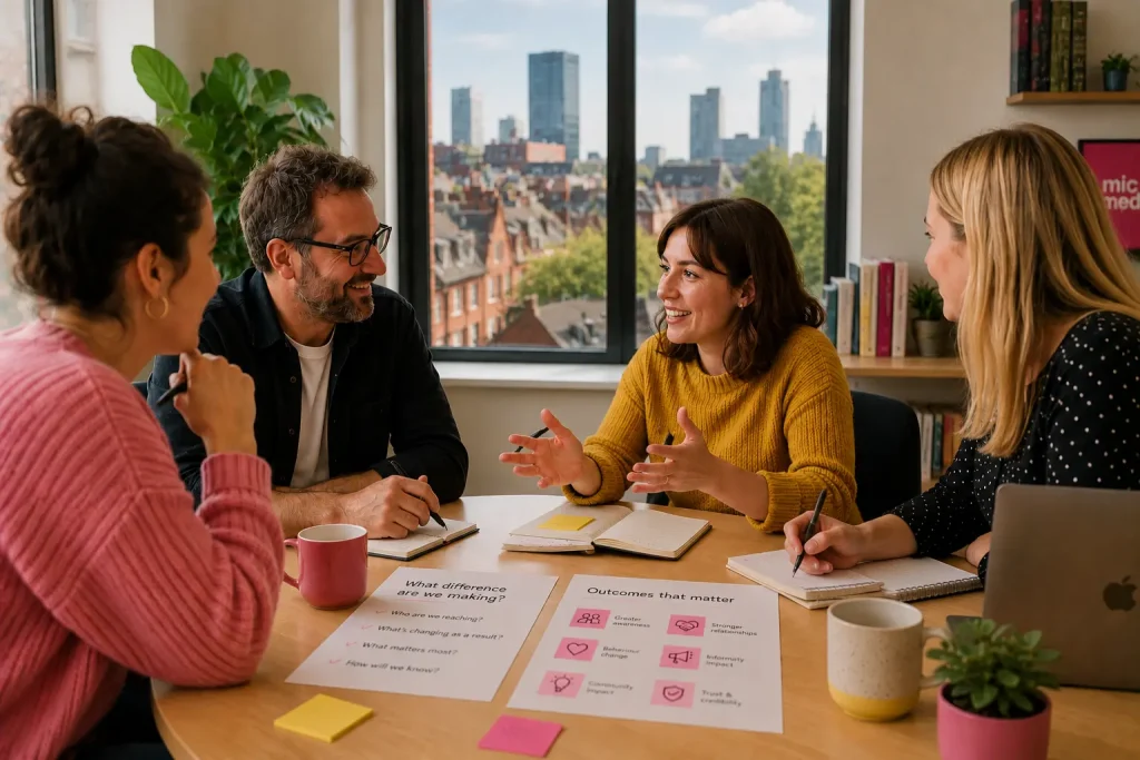 Four colleagues gathered around a meeting table discussing communications strategy, with notebooks, printed plans and sticky notes, and a large window overlooking a city centre skyline.
