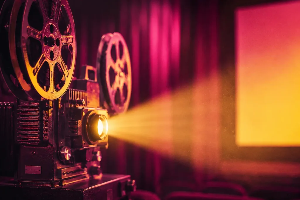 Vintage cinema projector casting a warm yellow beam of light against a dreamy pink background.