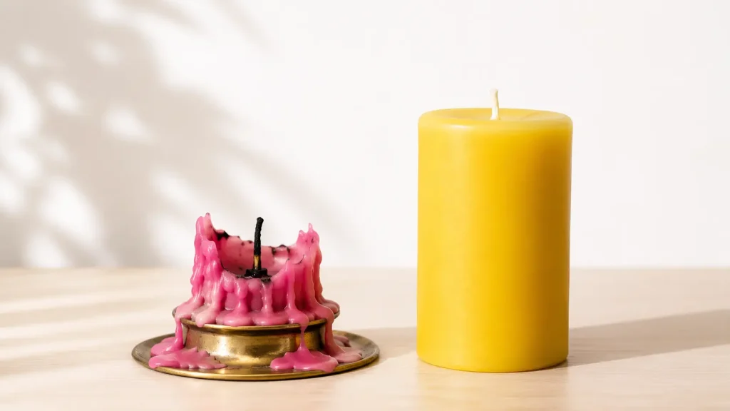 A heavily melted pink candle beside a brand-new yellow candle on a clean, bright background, representing podcast burnout and the importance of sustainable production.