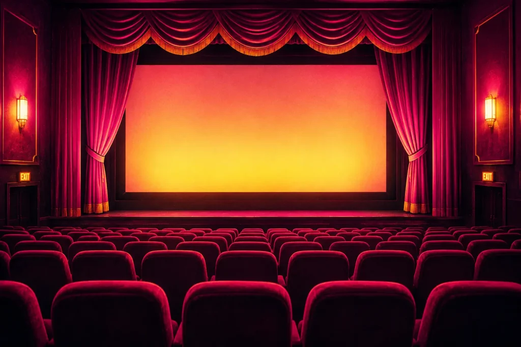Empty vintage cinema with rows of seats, pink curtains and a glowing yellow screen waiting for the show to begin.