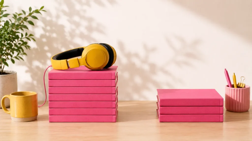 Two stacks of matching pink books separated by a gap, with yellow headphones resting on the first stack, illustrating planning podcast episodes in series before beginning the next season.