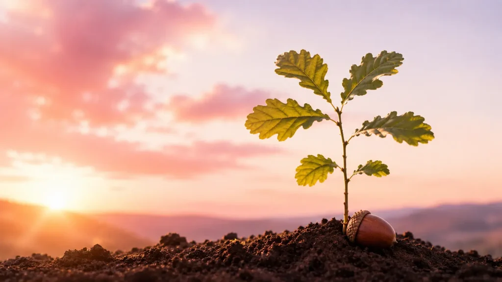 A young oak sapling growing from an acorn in rich soil beneath a warm pink and golden sunrise, symbolising long-term podcast growth through consistent effort.