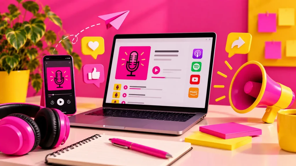 Laptop and smartphone displaying podcast players, with a pink and yellow megaphone and social sharing icons.
