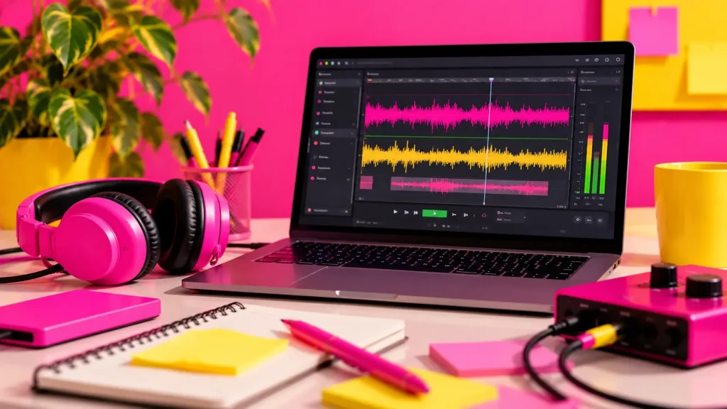 Laptop displaying multiple audio waveforms for podcast editing, surrounded by pink headphones and recording equipment.