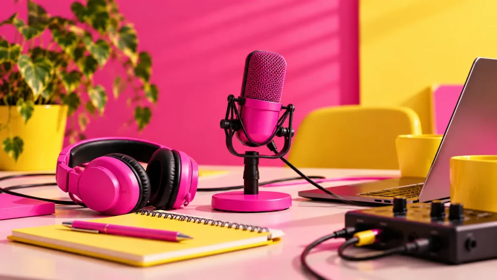 Pink podcast microphone and headphones set up for recording, with a laptop and audio interface on a desk.