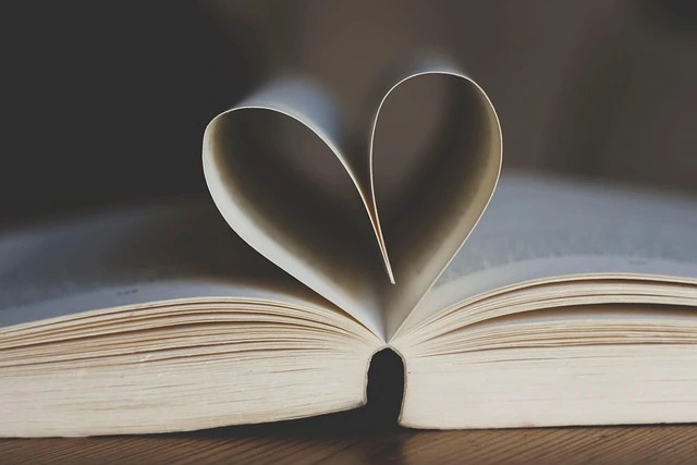 Open book with pages folded into a heart shape.